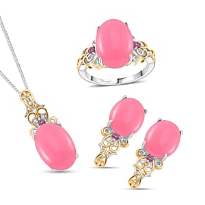 D'Joy Pink Jade, Orissa Rhodolite Garnet 25.00 ctw Regal Garden Bloom Ring (Size 9.0), Earrings and Pendant Necklace (20 Inches) in 18K Vermeil YG and Rhodium Over Sterling Silver (Del. in 5-7 Days)