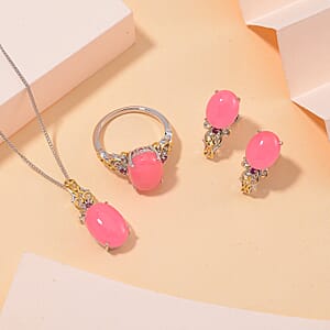 D'Joy Pink Jade (D) and Orissa Rhodolite Garnet 25.00 ctw Regal Garden Bloom Ring (Size 10.0), Earrings and Pendant Necklace (20 Inches) in 18K Vermeil YG and Rhodium Over Sterling Silver (Del. in 5-7 Days)