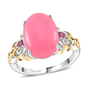 D'Joy Pink Jade (D) and Orissa Rhodolite Garnet 25.00 ctw Regal Garden Bloom Ring (Size 10.0), Earrings and Pendant Necklace (20 Inches) in 18K Vermeil YG and Rhodium Over Sterling Silver (Del. in 5-7 Days)