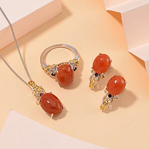 D'Joy Red Jade (D) and Mozambique Garnet 25.00 ctw Regal Garden Bloom Ring (Size 7.0), Earrings and Pendant Necklace (18 Inches) in 18K Vermeil YG and Rhodium Over Sterling Silver (Del. in 5-7 Days)