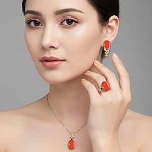 D'Joy Red Jade (D) and Mozambique Garnet 25.00 ctw Regal Garden Bloom Ring (Size 7.0), Earrings and Pendant Necklace (18 Inches) in 18K Vermeil YG and Rhodium Over Sterling Silver (Del. in 5-7 Days)