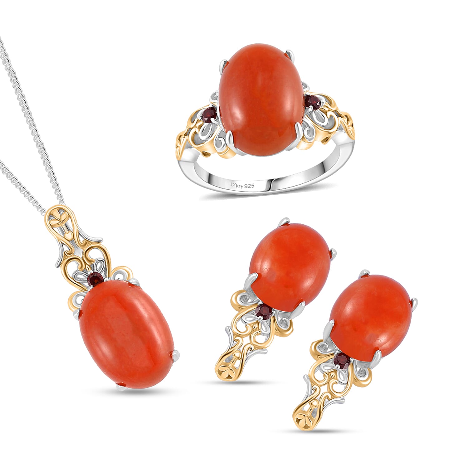 D'Joy Red Jade (D) and Mozambique Garnet 25.00 ctw Regal Garden Bloom Ring (Size 10.0), Earrings and Pendant Necklace (18 Inches