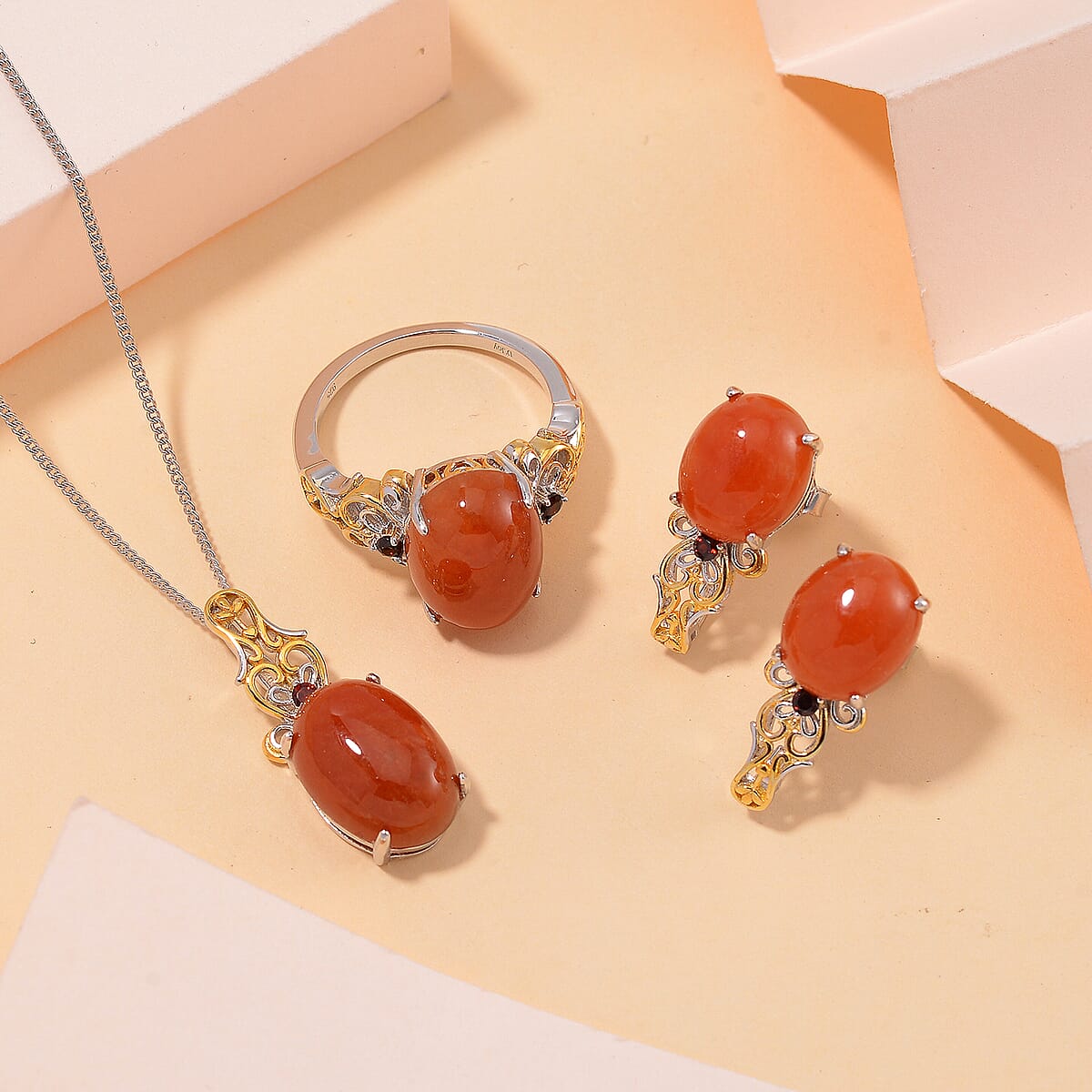 D'Joy Red Jade (D) and Mozambique Garnet 25.00 ctw Regal Garden Bloom Ring (Size 10.0), Earrings and Pendant Necklace (18 Inches) in 18K Vermeil YG and Rhodium Over Sterling Silver (Del. in 5-7 Days) image number 1