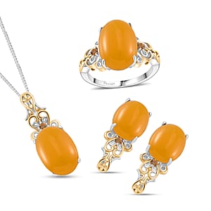 D'Joy Yellow Jad (D) and Brazilian Citrine 25.60 ctw Regal Garden Bloom Ring (Size 9.0), Earrings and Pendant Necklace (20 Inches) in 18K Vermeil YG and Rhodium Over Sterling Silver (Del. in 5-7 Days)