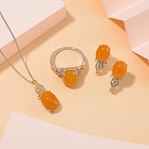 D'Joy Yellow Jad (D) and Brazilian Citrine 25.60 ctw Regal Garden Bloom Ring (Size 9.0), Earrings and Pendant Necklace (20 Inches) in 18K Vermeil YG and Rhodium Over Sterling Silver (Del. in 5-7 Days)