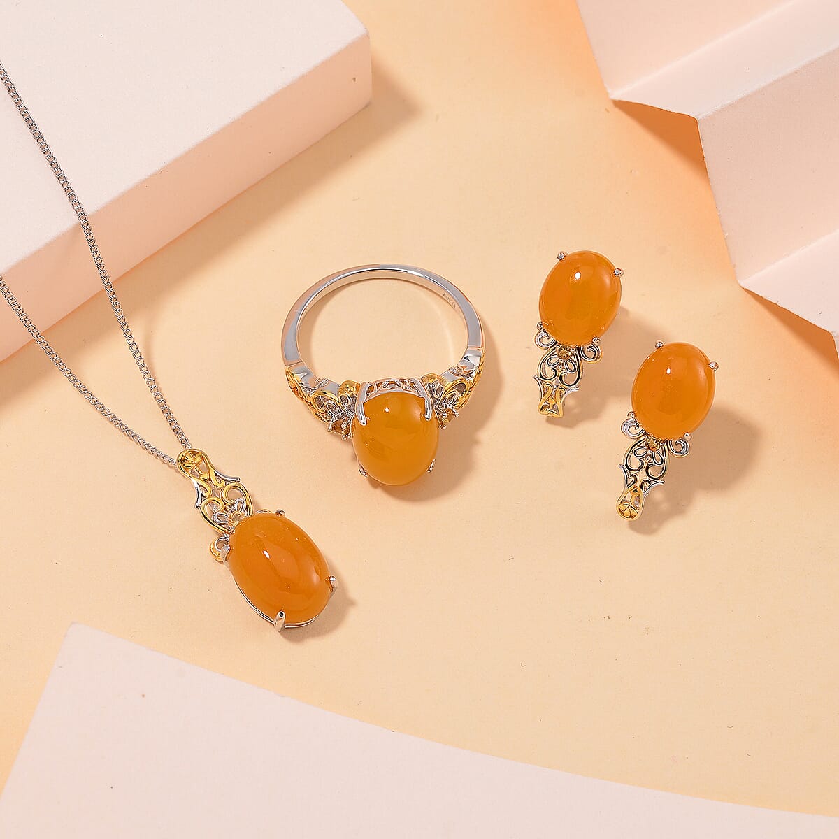 D'Joy Yellow Jad (D) and Brazilian Citrine 25.60 ctw Regal Garden Bloom Ring (Size 10.0), Earrings and Pendant Necklace (20 Inches) in 18K Vermeil YG and Rhodium Over Sterling Silver (Del. in 5-7 Days) image number 1