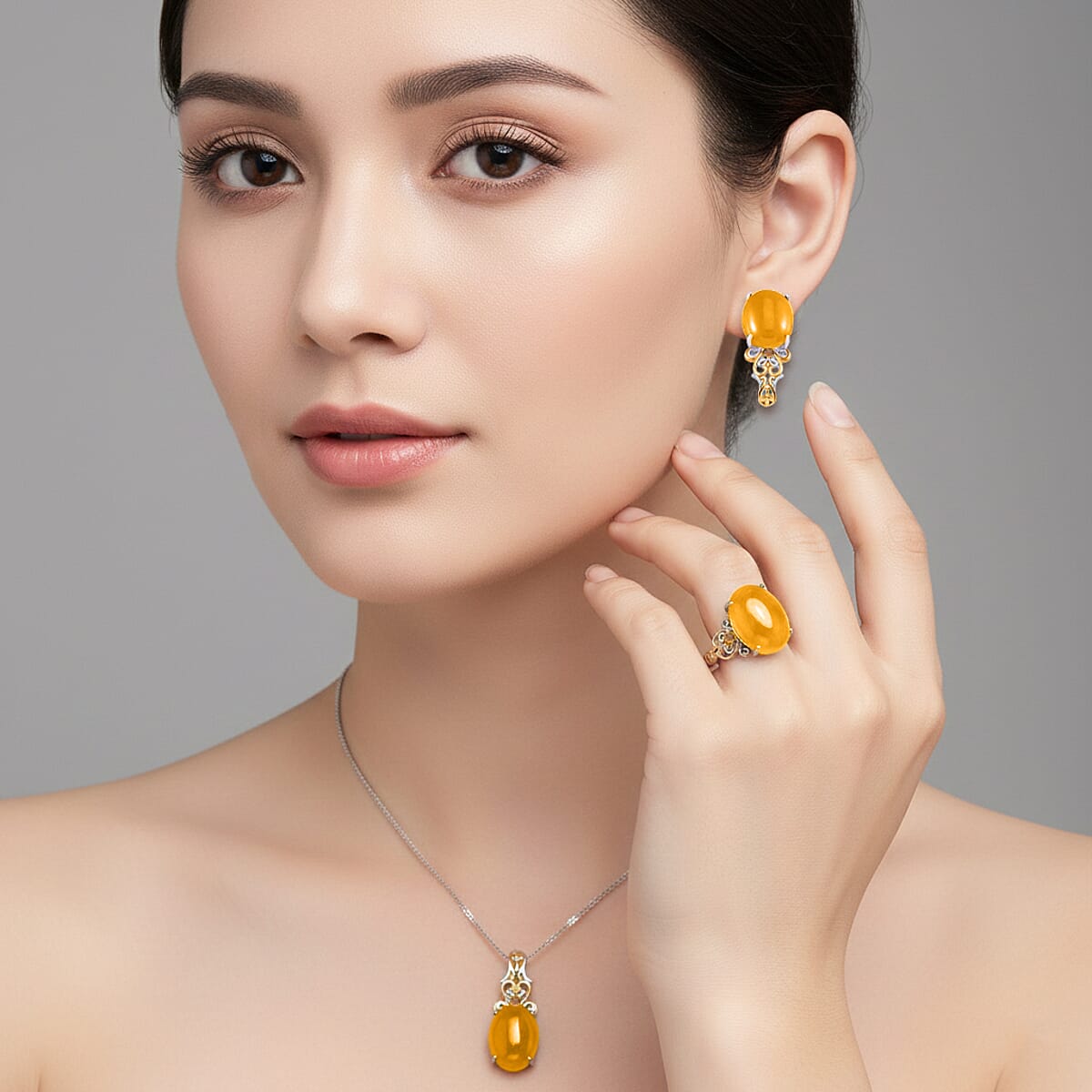 D'Joy Yellow Jad (D) and Brazilian Citrine 25.60 ctw Regal Garden Bloom Ring (Size 10.0), Earrings and Pendant Necklace (20 Inches) in 18K Vermeil YG and Rhodium Over Sterling Silver (Del. in 5-7 Days) image number 2