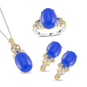 D'Joy Blue Jade (D) and Tanzanite 26.20 ctw Regal Garden Bloom Ring (Size 6.0), Earrings and Pendant Necklace (18 Inches) in 18K Vermeil YG and Rhodium Over Sterling Silver (Del. in 5-7 Days)