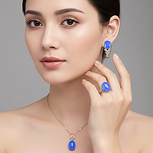 D'Joy Blue Jade (D) and Tanzanite 26.20 ctw Regal Garden Bloom Ring (Size 6.0), Earrings and Pendant Necklace (18 Inches) in 18K Vermeil YG and Rhodium Over Sterling Silver (Del. in 5-7 Days)