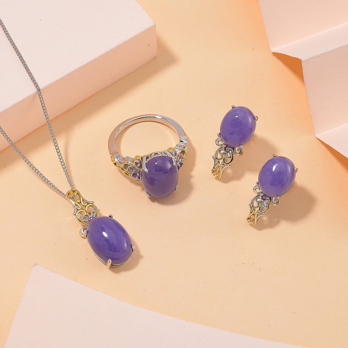 D'Joy Purple Jade (D) and African Amethyst 26.60 ctw Regal Garden Bloom Ring (Size 8.0), Earrings and Pendant Necklace (20 Inches) in 18K Vermeil YG and Rhodium Over Sterling Silver (Del. in 5-7 Days) image number 1