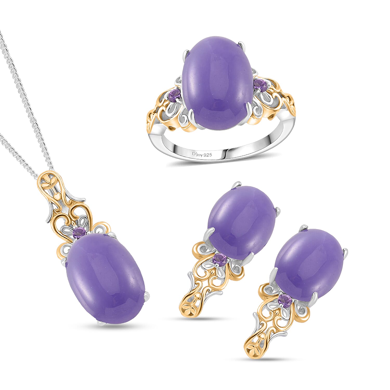 D'Joy Purple Jade (D) and African Amethyst 26.60 ctw Regal Garden Bloom Ring (Size 10.0), Earrings and Pendant Necklace (20 Inch