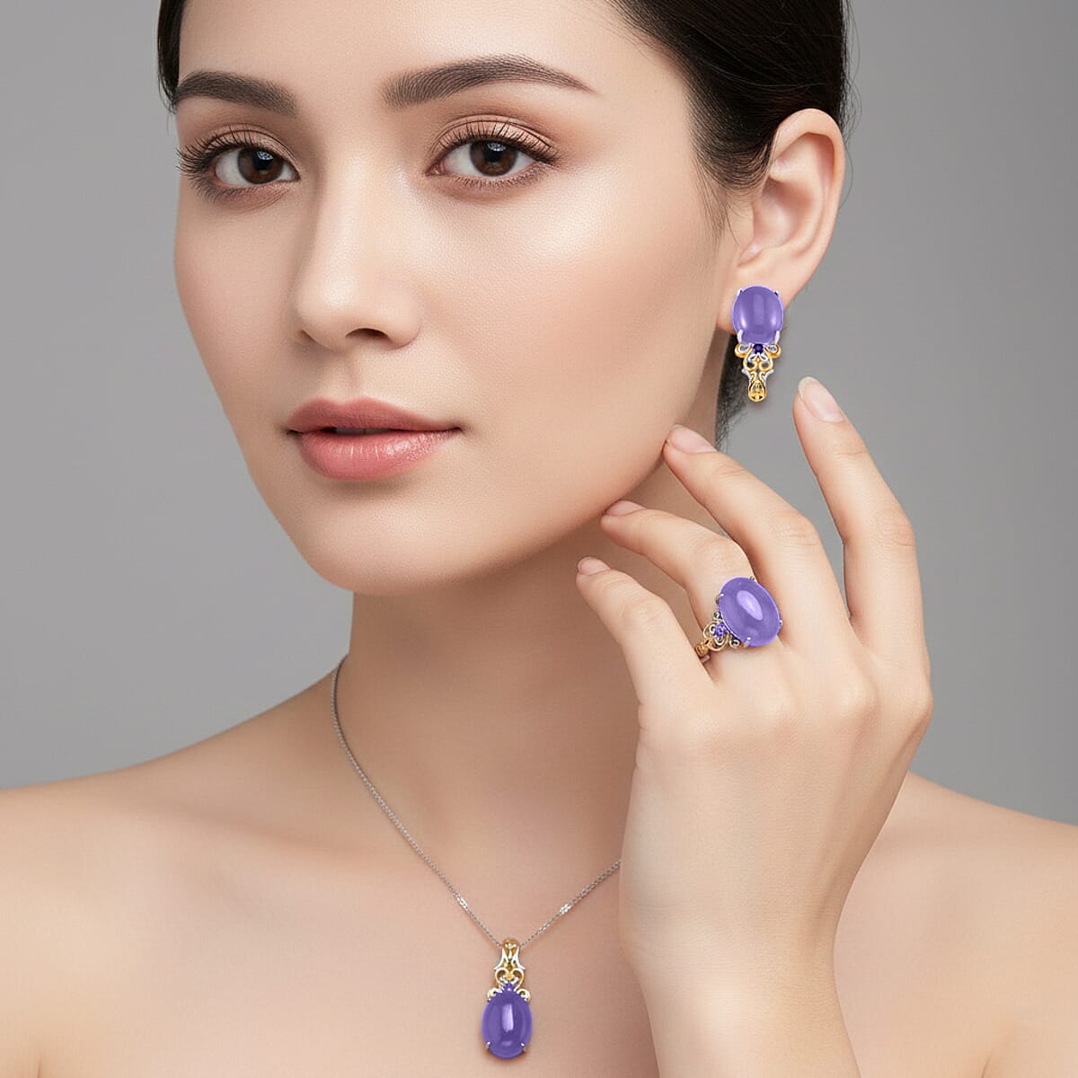 D'Joy Purple Jade (D) and African Amethyst 26.60 ctw Regal Garden Bloom Ring (Size 10.0), Earrings and Pendant Necklace (20 Inches) in 18K Vermeil YG and Rhodium Over Sterling Silver (Del. in 5-7 Days) image number 1