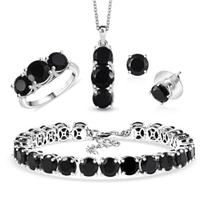 Karis Black Onyx 36.10 ctw Bracelet (7.25In), Stud Earrings, 3 Stone Ring (Size 5.0) and Pendant in Platinum Bond with Stainless Steel Necklace 20 Inches