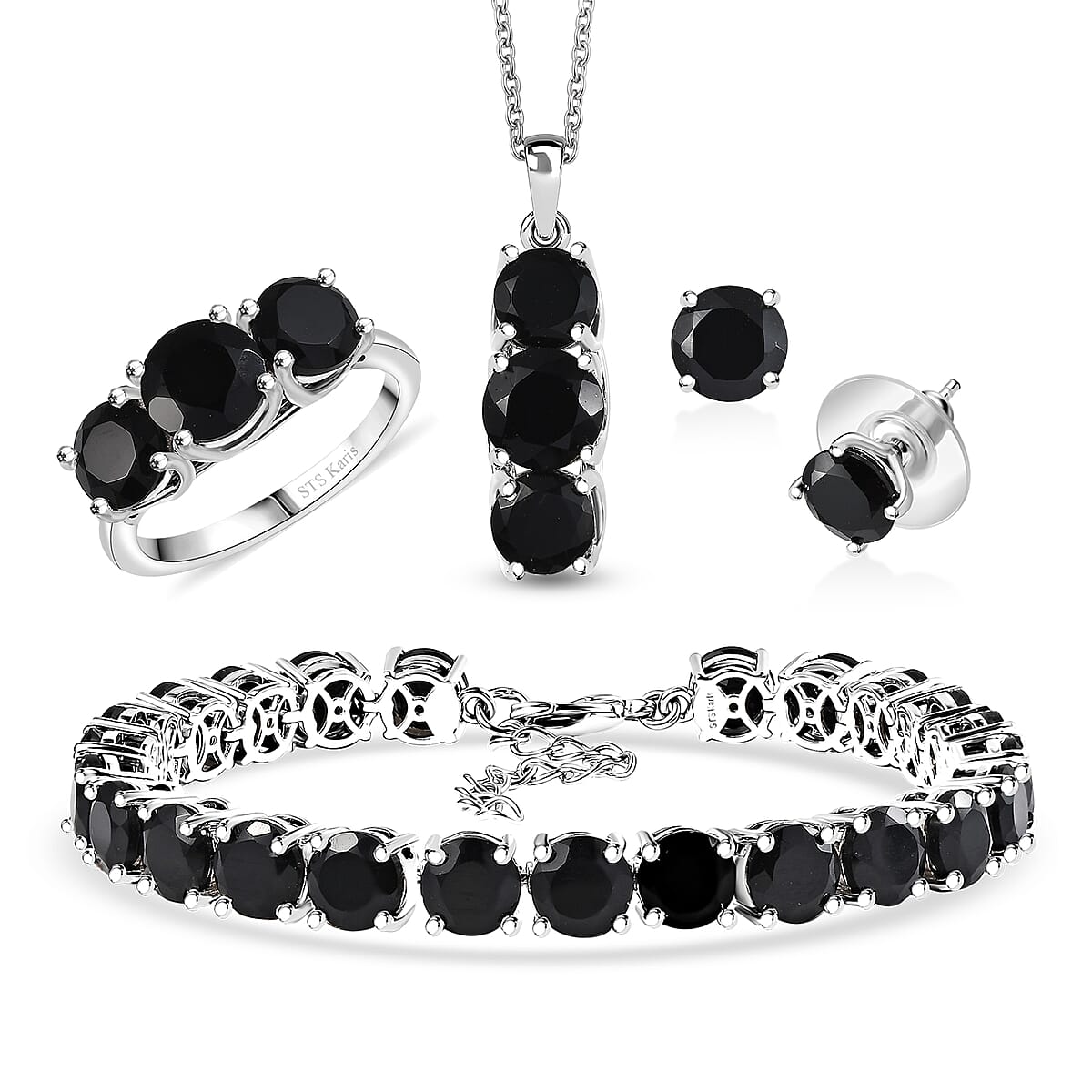 Karis Black Onyx 36.10 ctw Bracelet (7.25In), Stud Earrings, 3 Stone Ring (Size 7.0) and Pendant in Platinum Bond with Stainless Steel Necklace 20 Inches image number 0