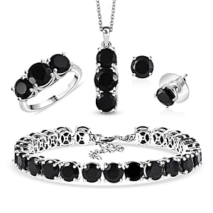 Karis Black Onyx 36.10 ctw Bracelet (7.25In), Stud Earrings, 3 Stone Ring (Size 8.0) and Pendant in Platinum Bond with Stainless Steel Necklace 20 Inches