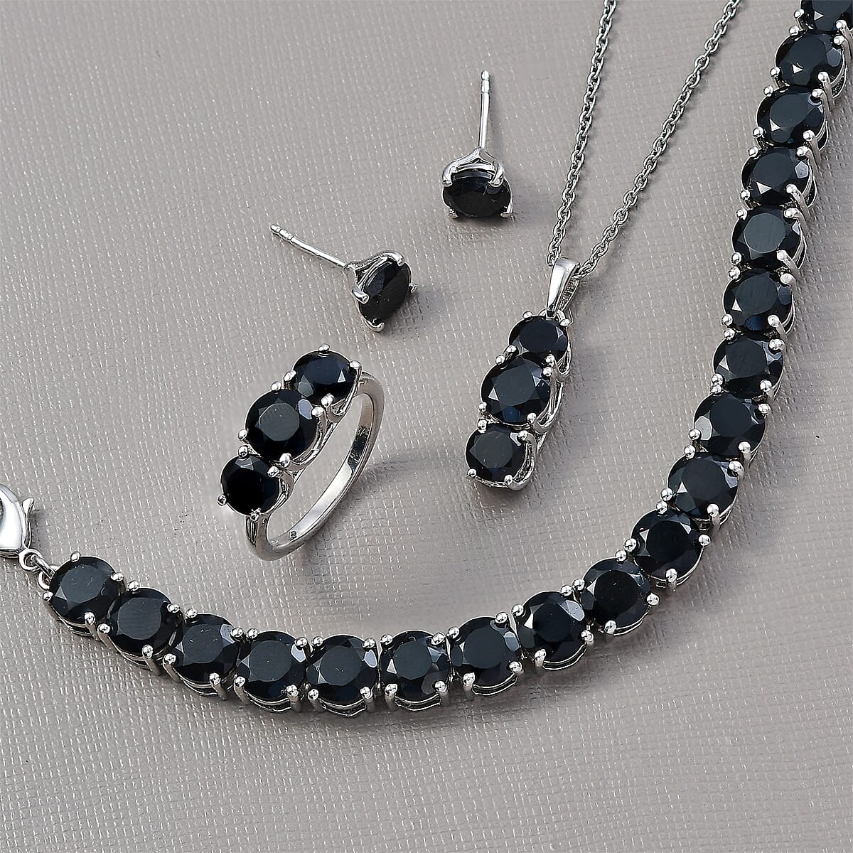 Karis Black Onyx 36.10 ctw Bracelet (7.25In), Stud Earrings, 3 Stone Ring (Size 8.0) and Pendant in Platinum Bond with Stainless Steel Necklace 20 Inches image number 1