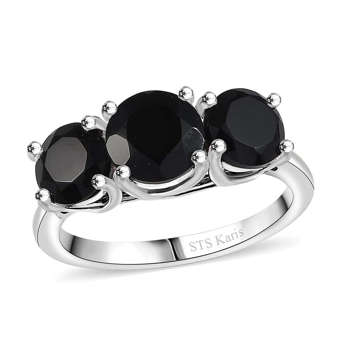 Karis Black Onyx 36.10 ctw Bracelet (7.25In), Stud Earrings, 3 Stone Ring (Size 8.0) and Pendant in Platinum Bond with Stainless Steel Necklace 20 Inches image number 3