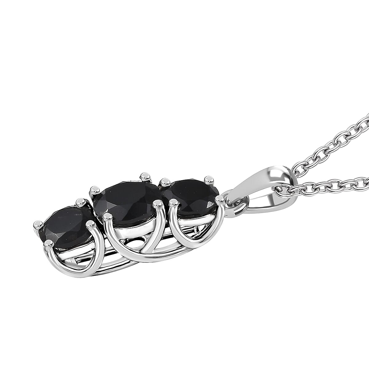 Karis Black Onyx 36.10 ctw Bracelet (7.25In), Stud Earrings, 3 Stone Ring (Size 8.0) and Pendant in Platinum Bond with Stainless Steel Necklace 20 Inches image number 5
