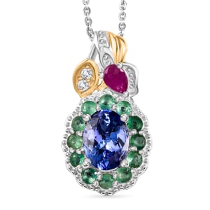 Premium Tanzanite and Multi Gemstone 2.00 ctw Floral Pendant Necklace 20 Inches in 18K Vermeil YG and Rhodium Over Sterling Silver