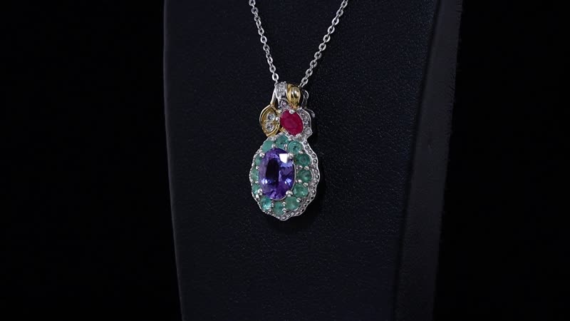 Premium Tanzanite and Multi Gemstone 2.00 ctw Floral Pendant Necklace 20 Inches in 18K Vermeil YG and Rhodium Over Sterling Silver