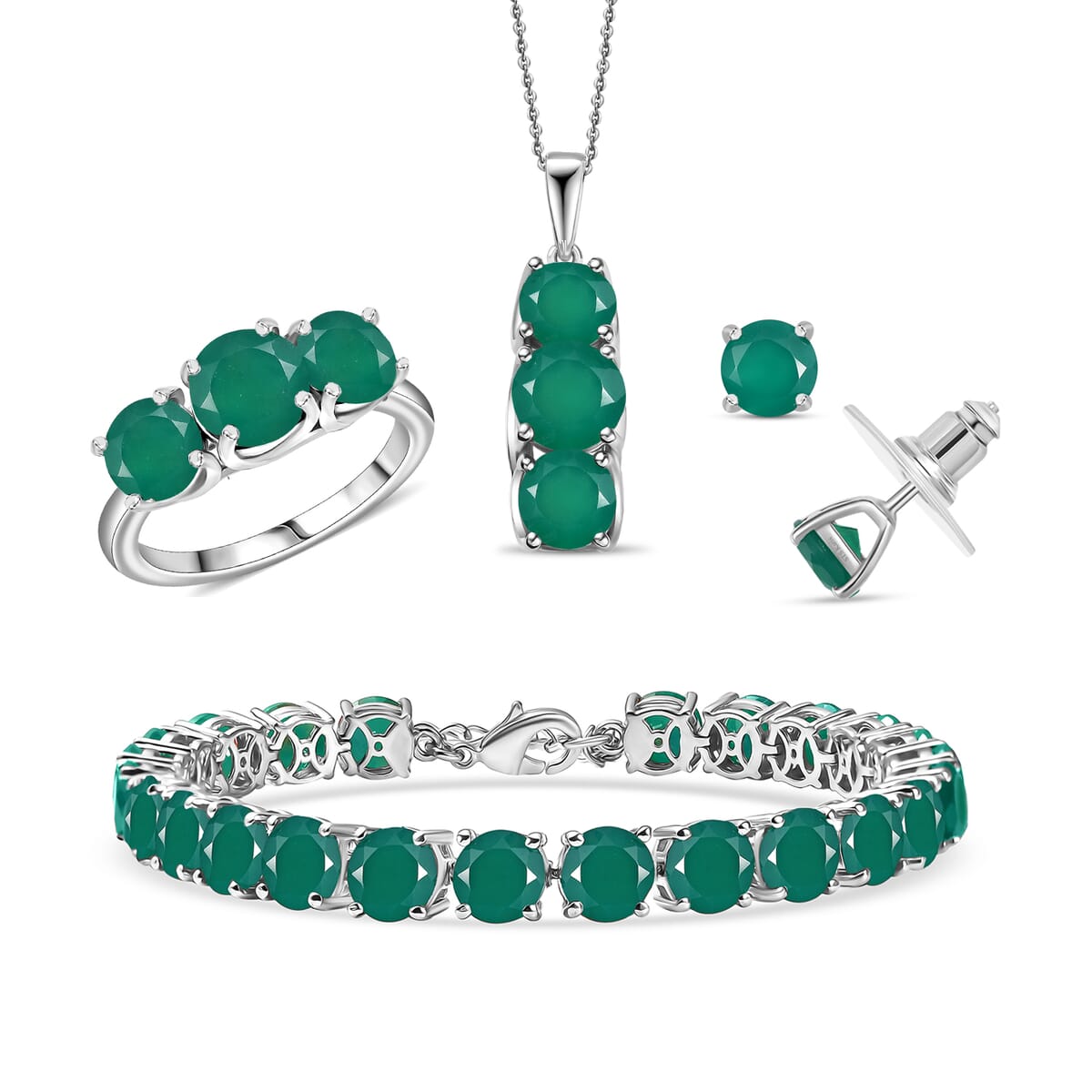 Karis Verde Onyx 37.50 ctw Bracelet (7.25In), Stud Earrings, 3 Stone Ring (Size 6.0) and Pendant in Platinum Bond with Stainless Steel Necklace 20 Inches image number 0