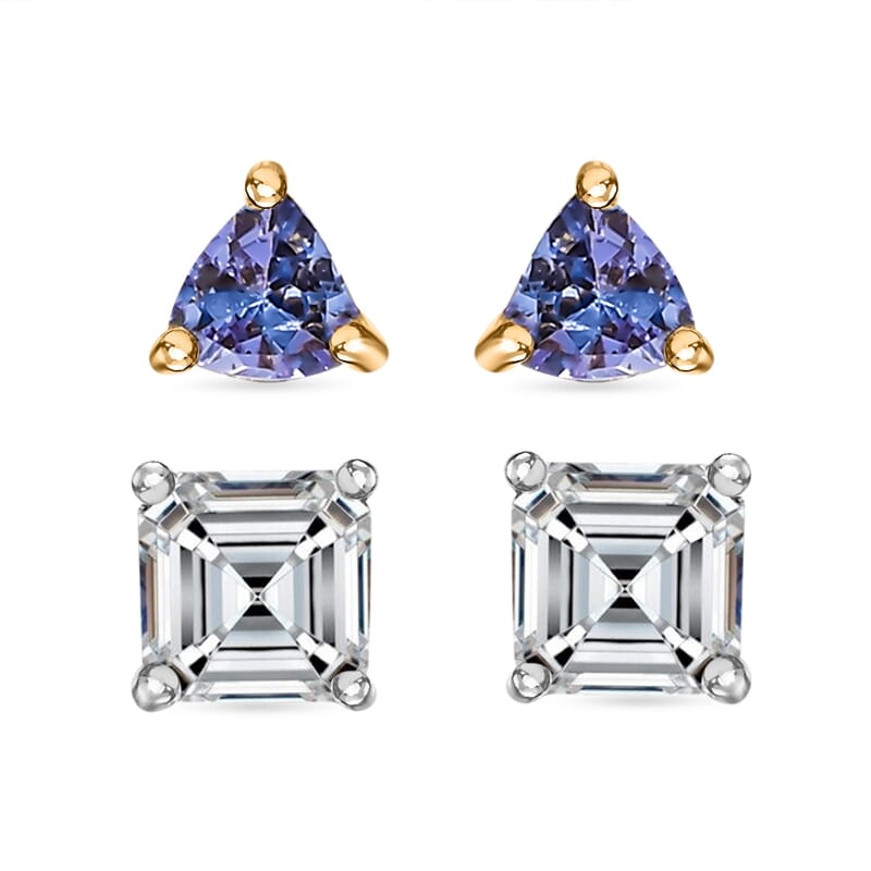 D'Joy Set of 2 Moissanite and Tanzanite 1.80 ctw Earrings in 18K Vermeil YG and Rhodium Over Sterling Silver