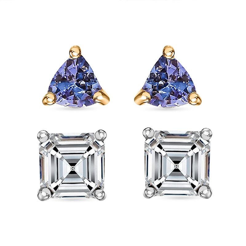 D'Joy Set of 2 Moissanite and Tanzanite 1.80 ctw Earrings in 18K Vermeil YG and Rhodium Over Sterling Silver