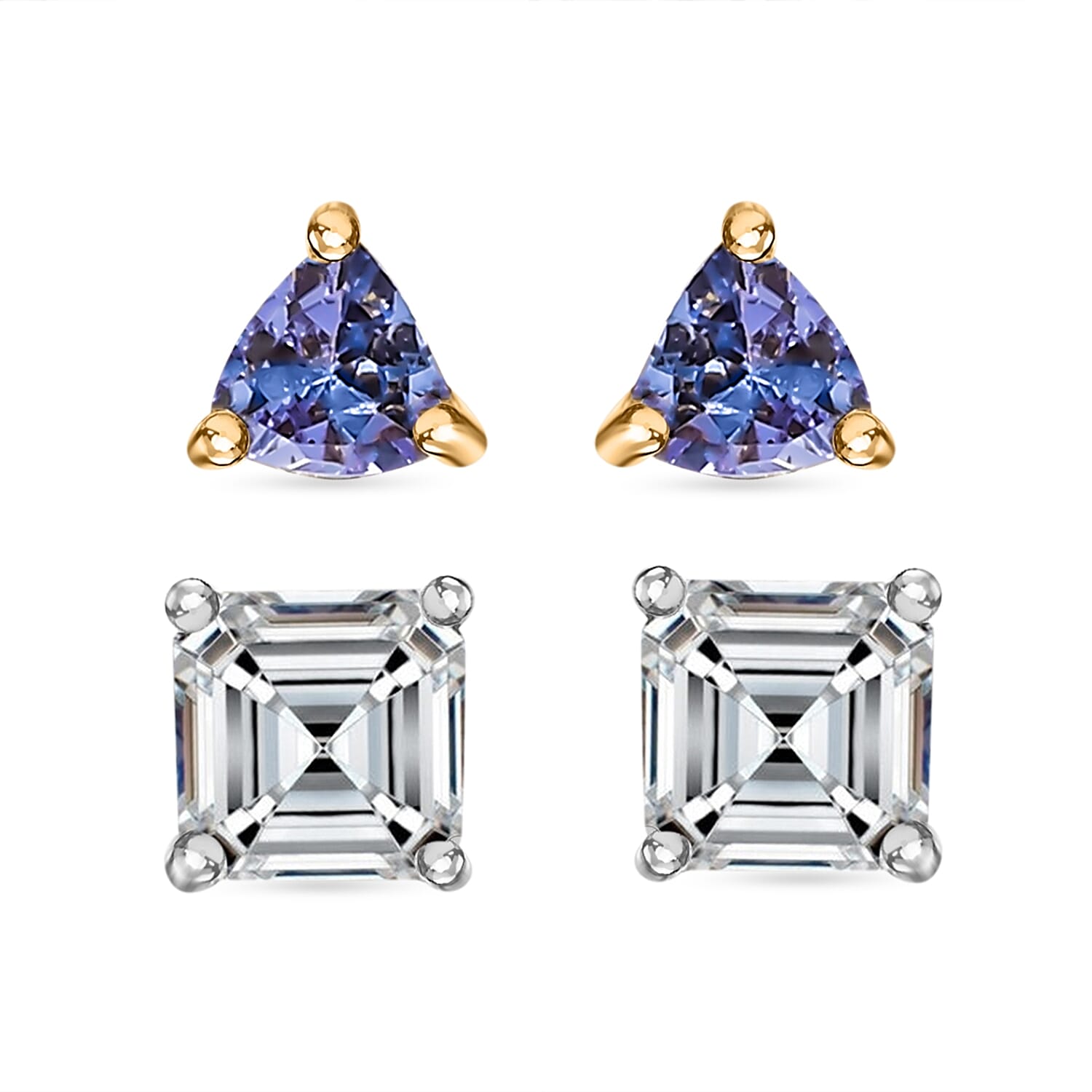 D'Joy Set of 2 Asscher Cut Moissanite and Tanzanite 1.80 ctw Stud Earrings in 18K Vermeil YG and Rhodium Over Sterling Silver