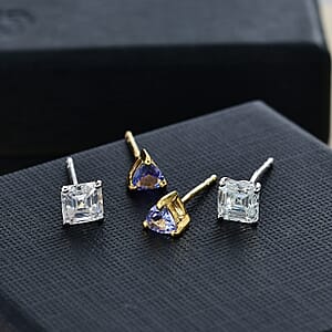 D'Joy Set of 2 Moissanite and Tanzanite 1.80 ctw Earrings in 18K Vermeil YG and Rhodium Over Sterling Silver