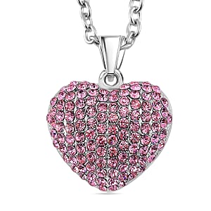 Austrian Pink Crystal Domed Heart Pendant Necklace (24 Inches) in Silvertone