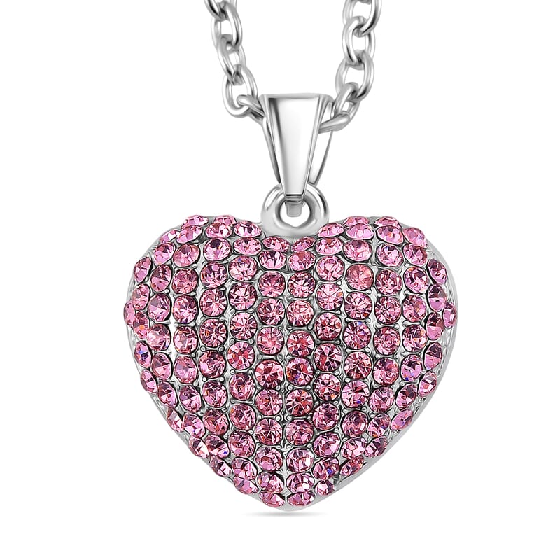 Pink Austrian Crystal Domed Heart Pendant Necklace (24 Inches) in Silvertone