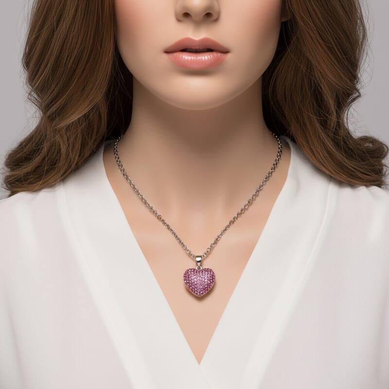 Pink Austrian Crystal Domed Heart Pendant Necklace (24 Inches) in Silvertone