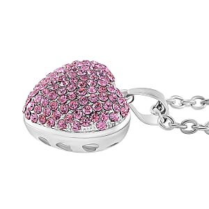 Austrian Pink Crystal Domed Heart Pendant Necklace (24 Inches) in Silvertone
