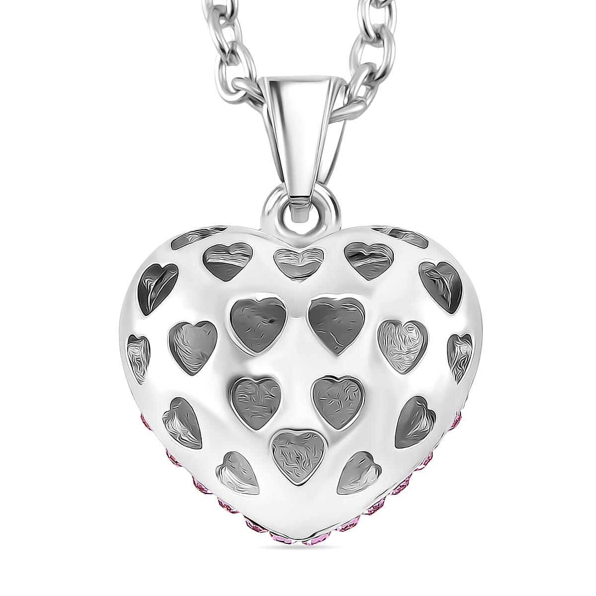 Austrian Pink Crystal Domed Heart Pendant Necklace (24 Inches) in Silvertone image number 4