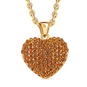 Austrian Yellow Crystal Domed Heart Pendant Necklace (24 Inches) in Goldtone
