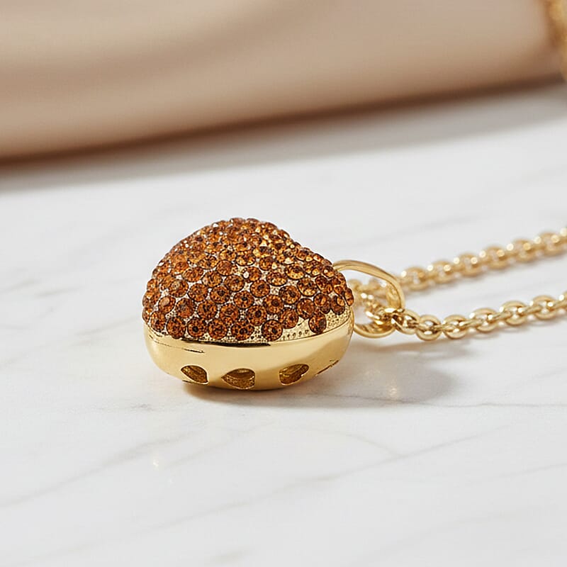 Yellow Austrian Crystal Domed Heart Pendant Necklace (24 Inches) in Goldtone