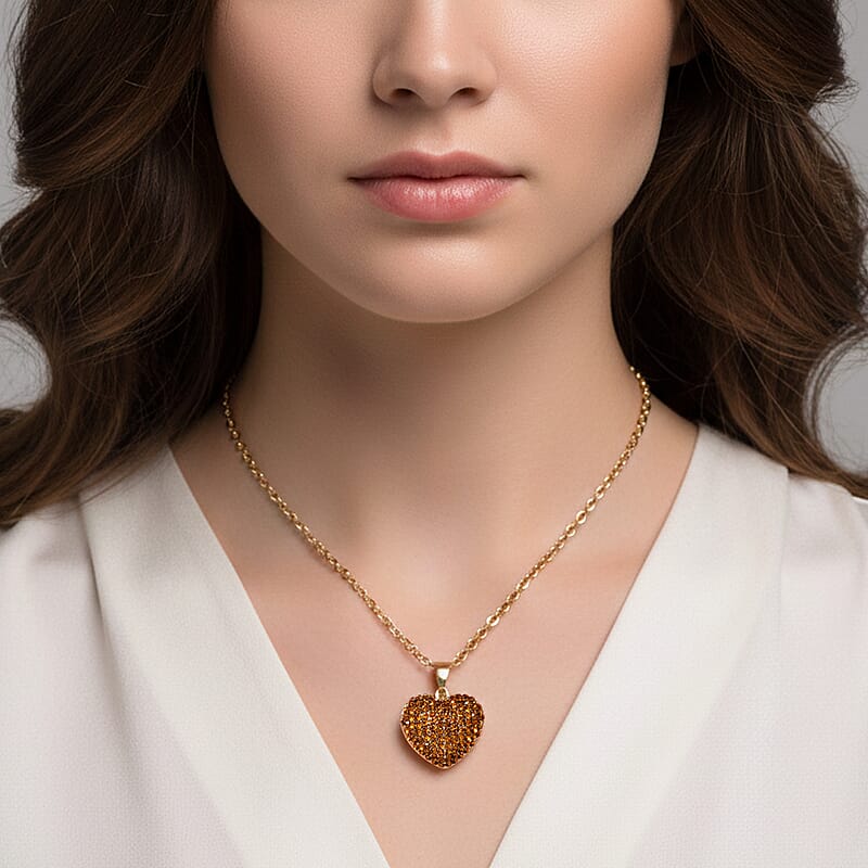 Yellow Austrian Crystal Domed Heart Pendant Necklace (24 Inches) in Goldtone