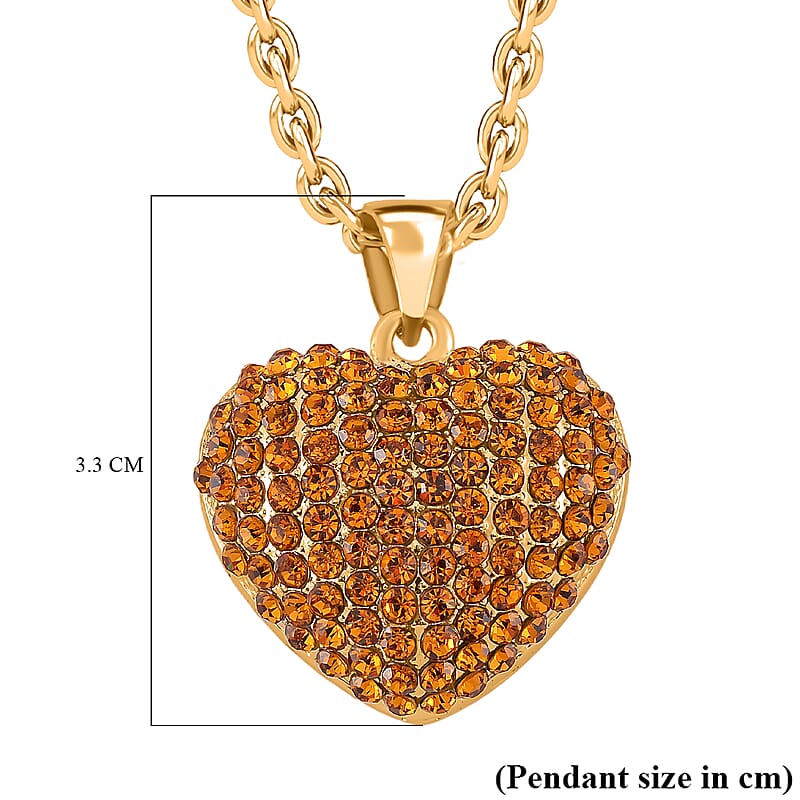 Yellow Austrian Crystal Domed Heart Pendant Necklace (24 Inches) in Goldtone