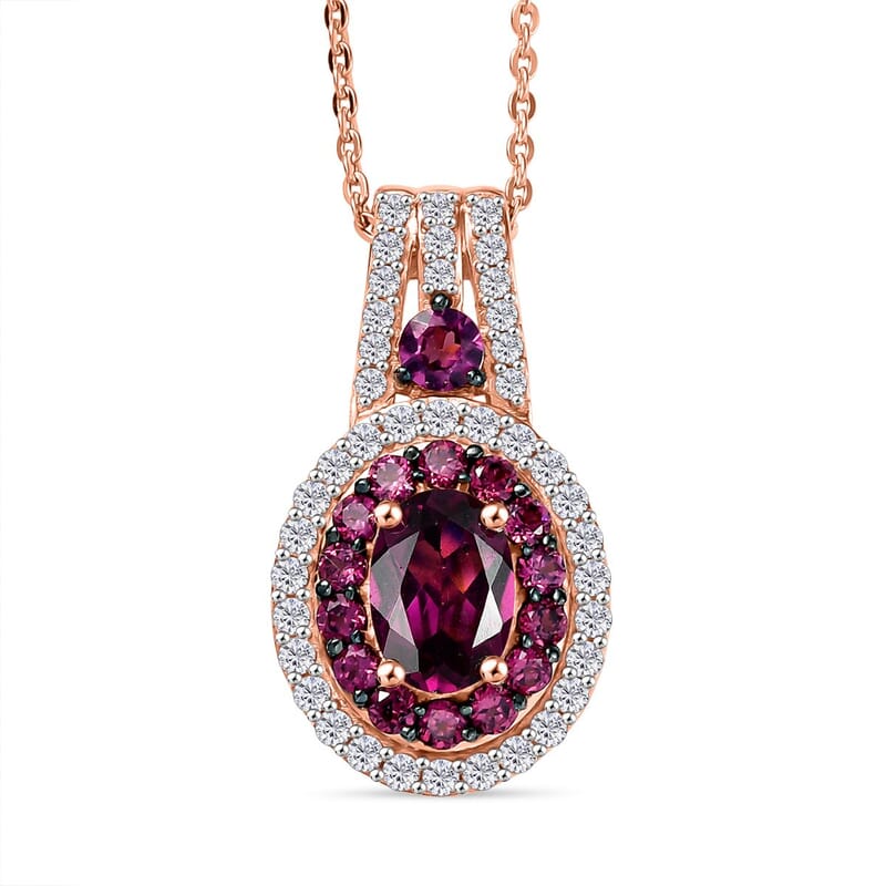 D'Joy Radiant Ember Garnet and White Zircon 2.10 ctw Celestial Halo Pendant Necklace 20 Inches in 18K Vermeil Rose Gold Over Sterling Silver
