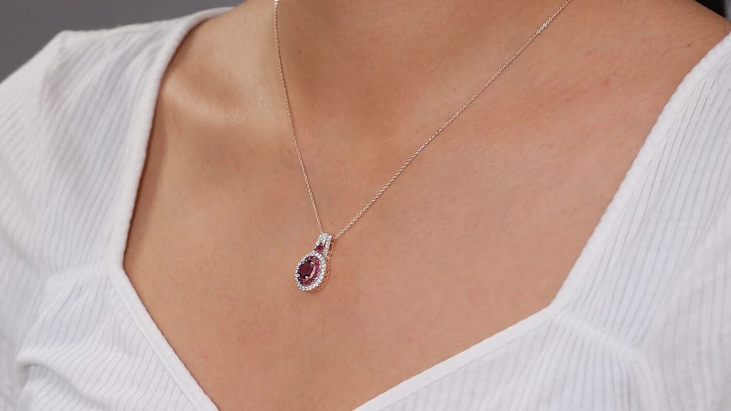 D'Joy Radiant Ember Garnet, White Zircon Pendant Necklace (20 Inches) in 18K Vermeil RG Over Sterling Silver 2.10 ctw