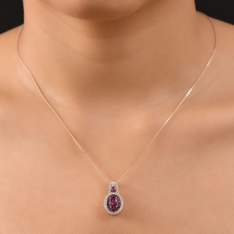 D'Joy Radiant Ember Garnet and White Zircon 2.10 ctw Celestial Halo Pendant Necklace 20 Inches in 18K Vermeil Rose Gold Over Sterling Silver