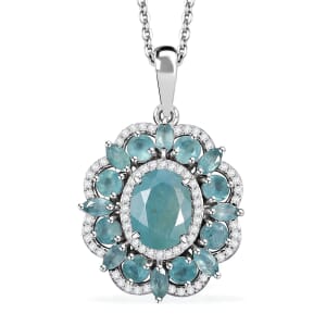 Grandidierite and White Zircon 4.30 ctw Camellia Spark Pendant Necklace in Rhodium Over Sterling Silver 20 Inches