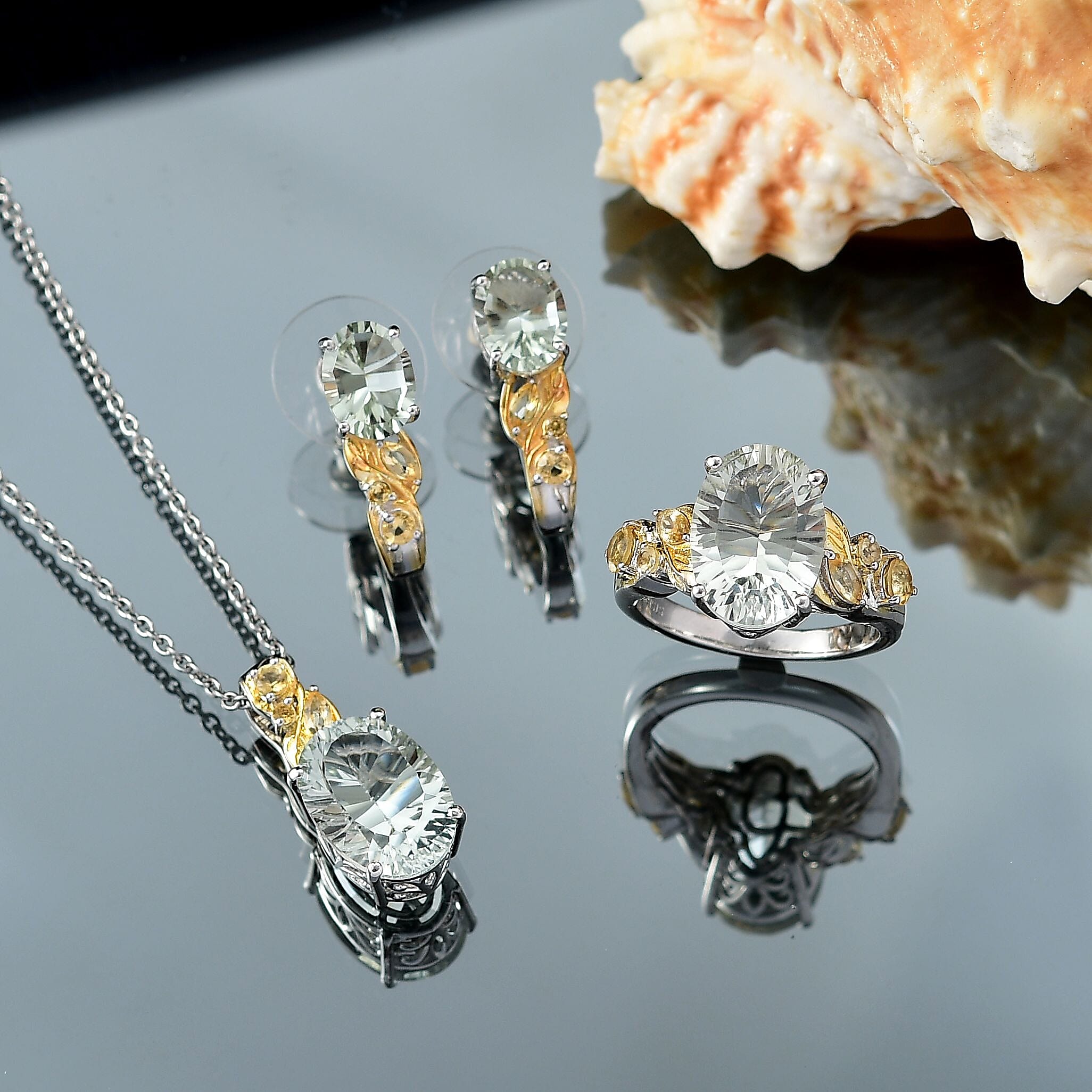 Set of 3 Karis Montezuma Prasiolite and Brazilian Citrine 16.75 ctw Earrings, Ring (Size 5.00), Pendant in 18K YG Plated and Platinum Bond with Stainless Steel Necklace 20 Inches