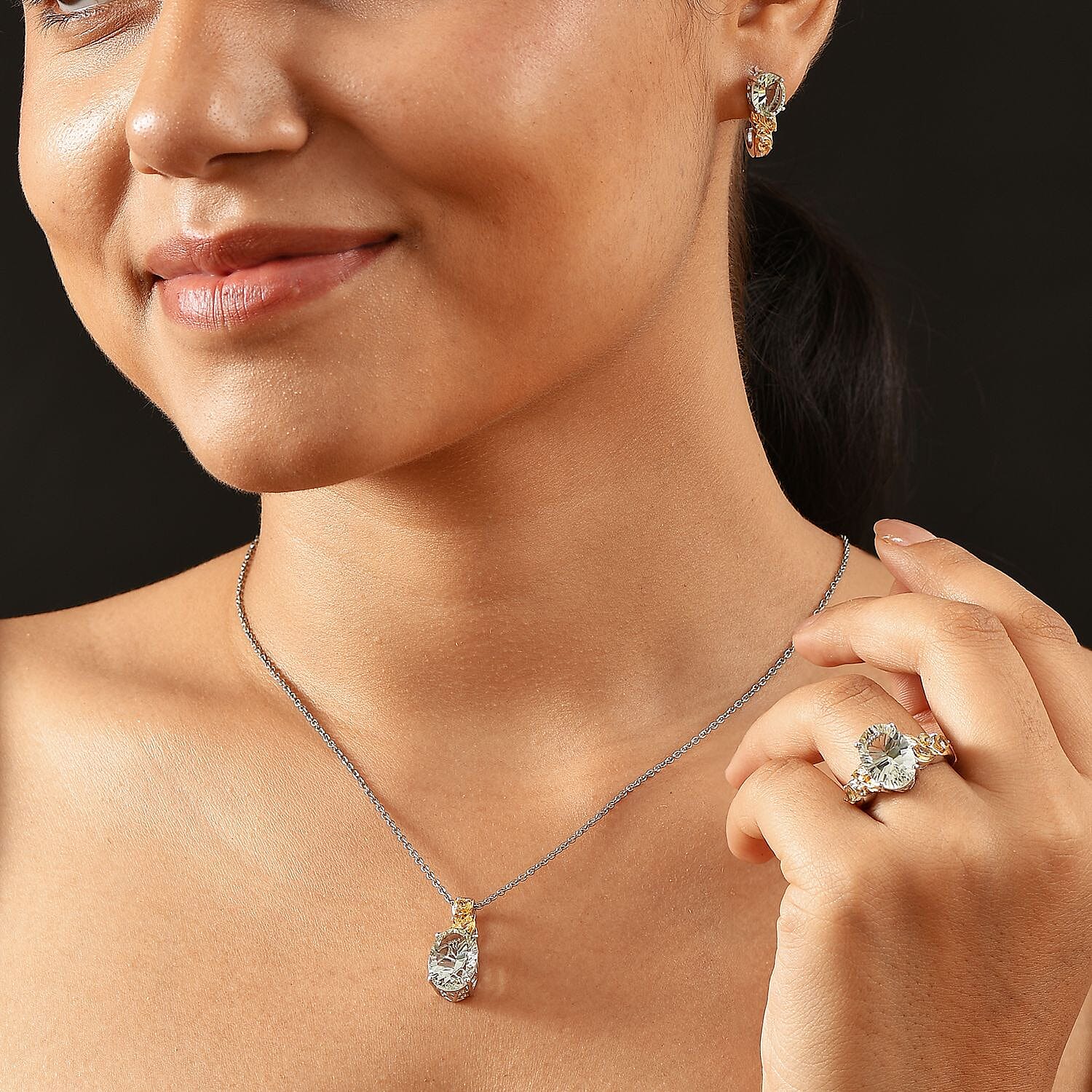 Set of 3 Karis Montezuma Prasiolite and Brazilian Citrine 16.75 ctw Earrings, Ring (Size 5.00), Pendant in 18K YG Plated and Platinum Bond with Stainless Steel Necklace 20 Inches