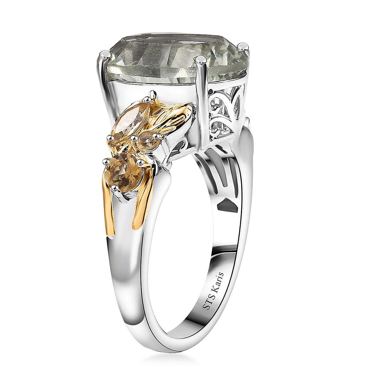 Set of 3 Karis Montezuma Prasiolite and Brazilian Citrine 16.75 ctw Earrings, Ring (Size 5.00), Pendant in 18K YG Plated and Platinum Bond with Stainless Steel Necklace 20 Inches