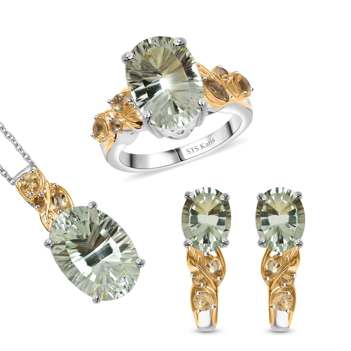 Set of 3 Karis Montezuma Prasiolite and Brazilian Citrine 16.75 ctw Earrings, Ring (Size 8.00), Pendant in 18K YG Plated and Platinum Bond with Stainless Steel Necklace 20 Inches image number 0