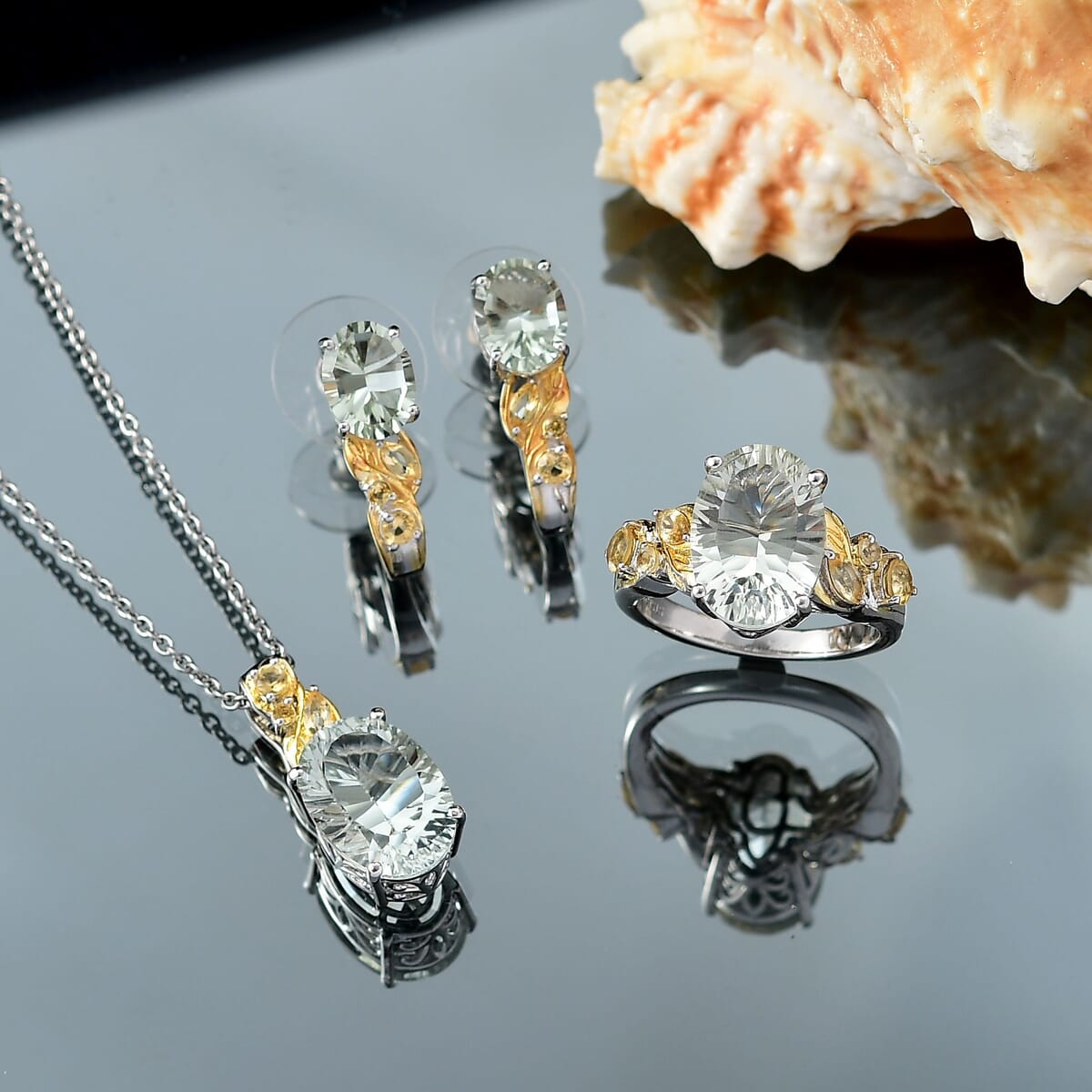 Set of 3 Karis Montezuma Prasiolite and Brazilian Citrine 16.75 ctw Earrings, Ring (Size 8.00), Pendant in 18K YG Plated and Platinum Bond with Stainless Steel Necklace 20 Inches image number 1