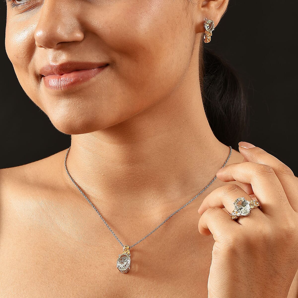 Set of 3 Karis Montezuma Prasiolite and Brazilian Citrine 16.75 ctw Earrings, Ring (Size 9.00), Pendant in 18K YG Plated and Platinum Bond with Stainless Steel Necklace 20 Inches image number 2