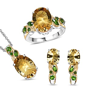 Set of 3 Karis Brazilian Citrine and Chrome Diopside 15.50 ctw Earrings, Ring (Size 7.00), Pendant in 18K YG Plated and Platinum Bond with Stainless Steel Necklace 20 Inches