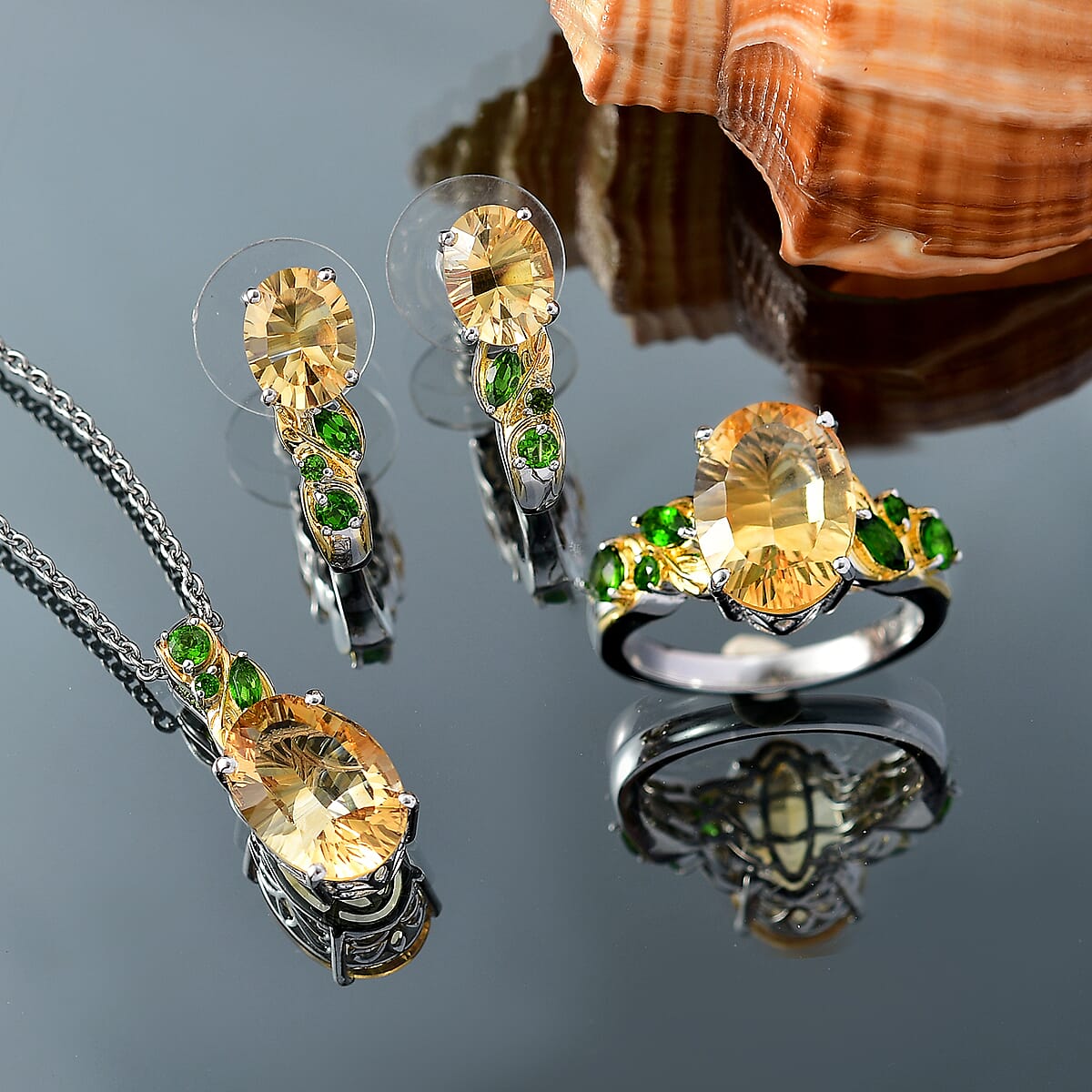 Set of 3 Karis Brazilian Citrine and Chrome Diopside 15.50 ctw Earrings, Ring (Size 7.00), Pendant in 18K YG Plated and Platinum Bond with Stainless Steel Necklace 20 Inches image number 1